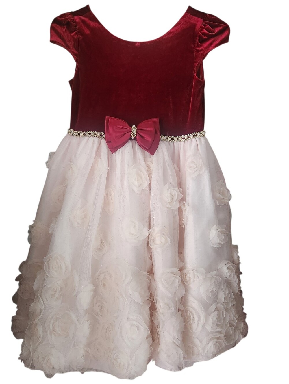 Girls Deep Red and Blush Floral Tulle Party Dress Size 10